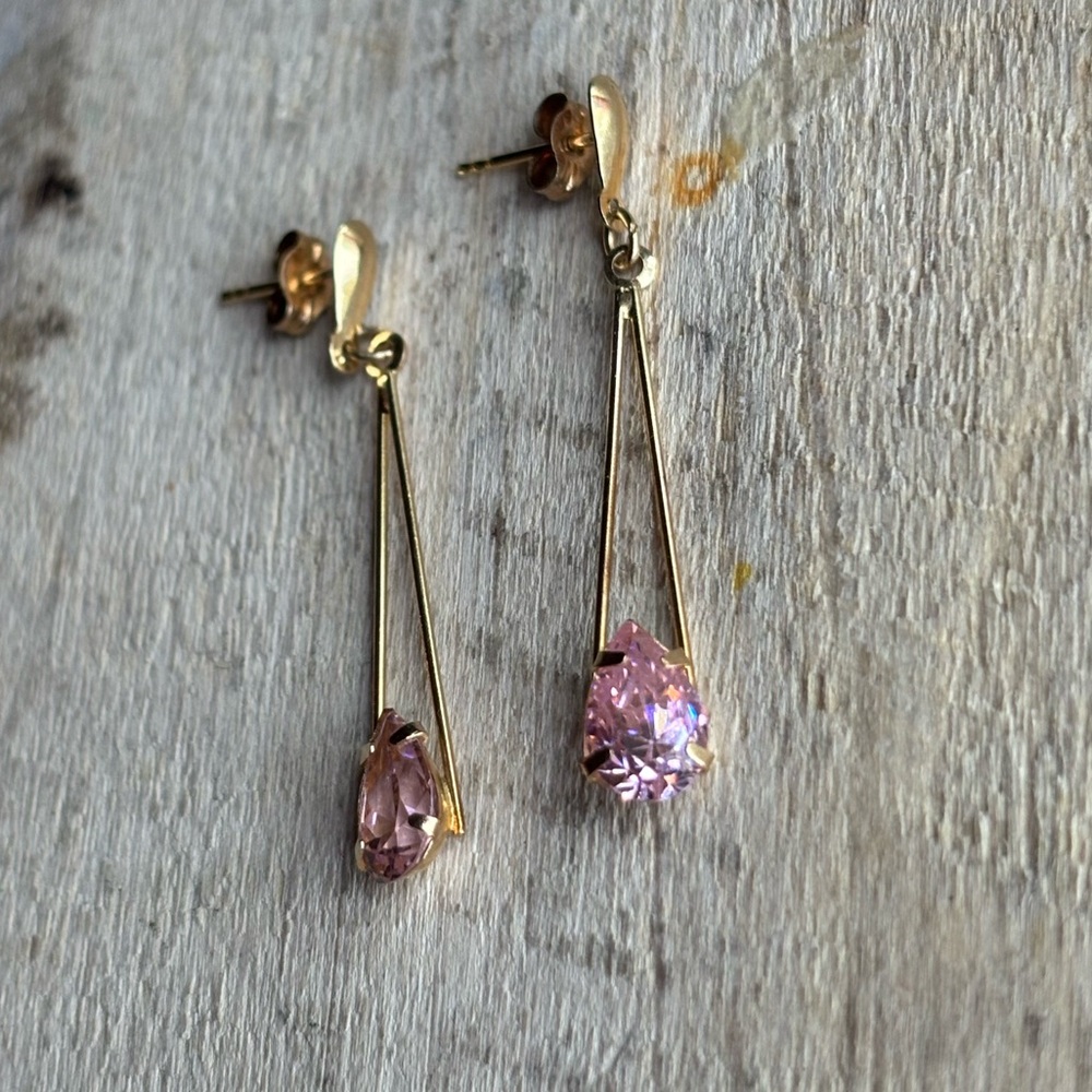 14k Gold Teardrop Dangle and Pink Stone Earrings